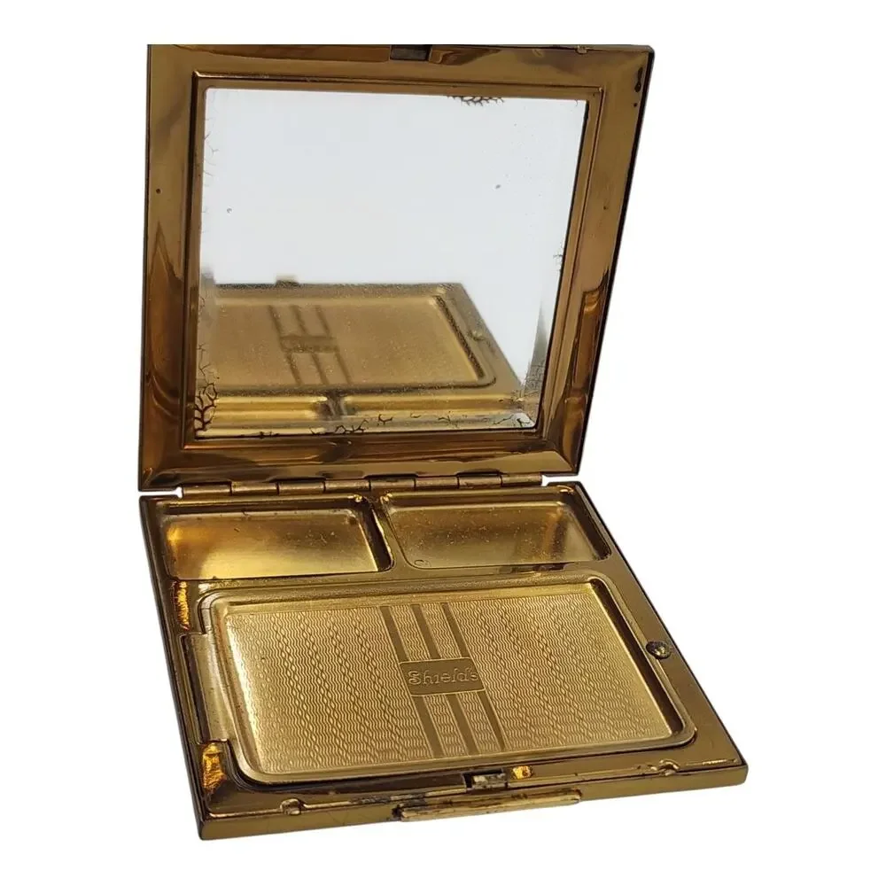 Vintage Shields Guilloche Enamel Rose Powder Compact Black Art Deco Mirror Case